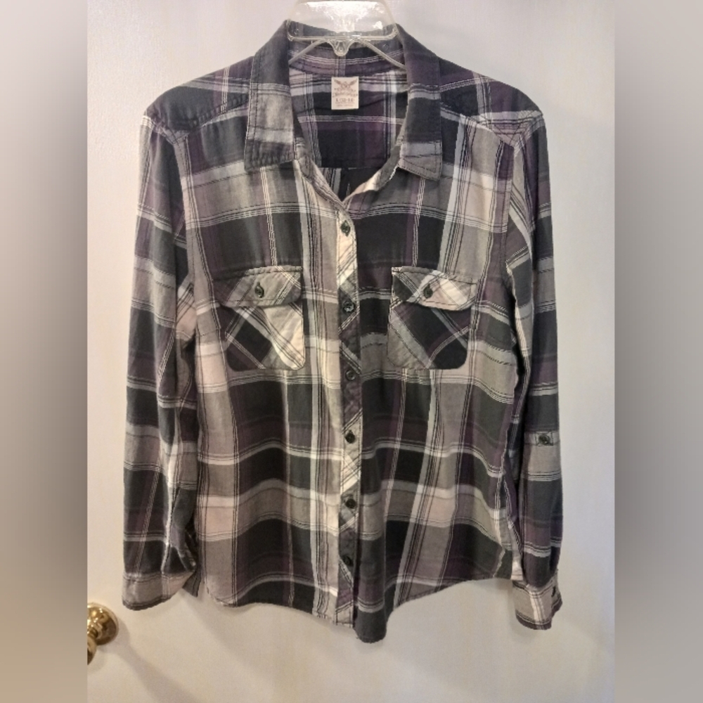 Vintage 100% Cotton Lightweight Button Down Womens Flannel Size L Purple Black